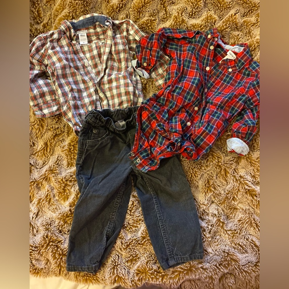 Bundle of Carters 18 month grey corduroys and 2 long sleeve button down onesies